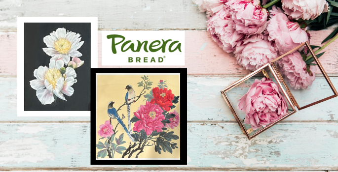 Two paintings of peonies on a barn board sign with two gold empty frames and some peony flowers and the Panera Bread Logo