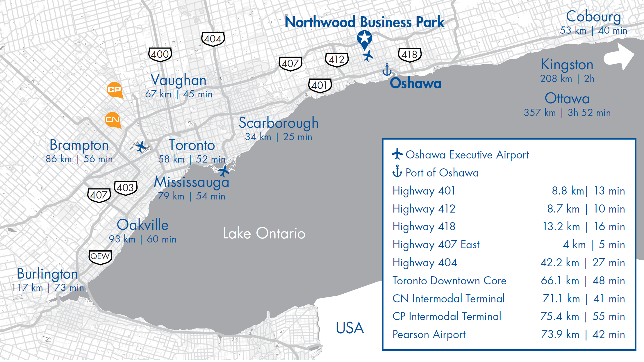 Map showing GTA proximity to Northwood Business Park, including airports, train stations, highways and other surroundings and proximity to the business park 