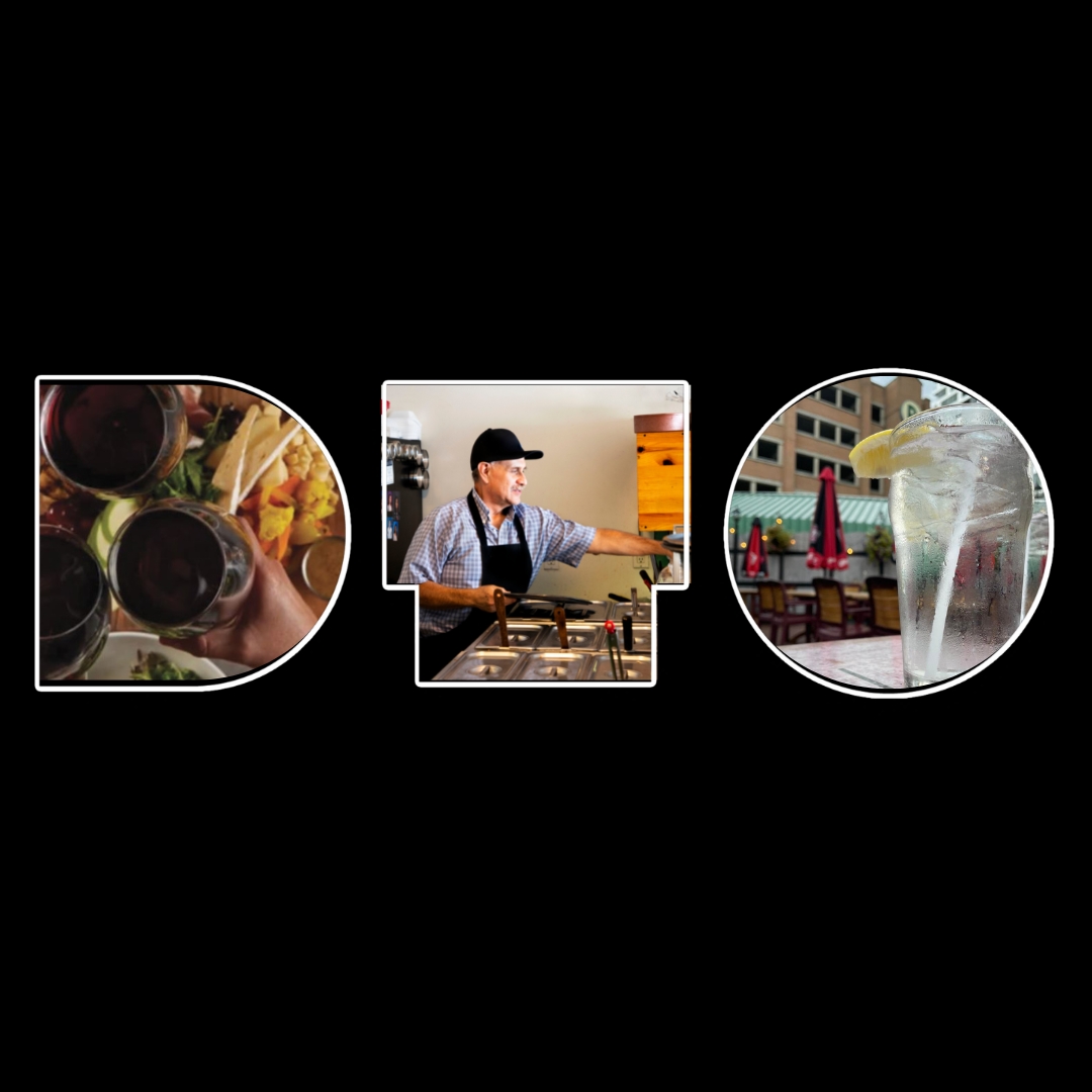 DTO symbols with various food and drink images in the frames, wine glasses clinking in the D frame, a man serving food over cafeteria style food display, and a clear glass of cold water with a lemon with a green parking garage in the distance