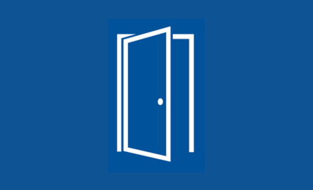 Doors Open Icon of a door opening on blank blue background.