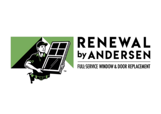 Renewal by Andersen logo Man holding a window in cartoon