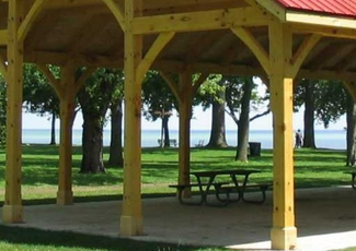 Picture of red roof gazebo at a park