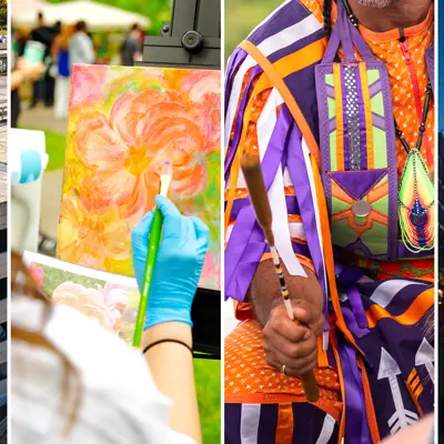 Collage of images including a public art mural, a person painting flowers, an Indigenous dancer, and a musician