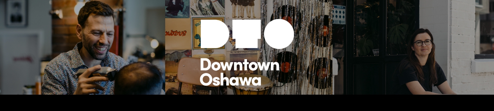 Three images of downtown Oshawa businesses (from left to right) a smiling man clipping hair, a wall with records and a chair in front, and an employee sitting in front of a white building