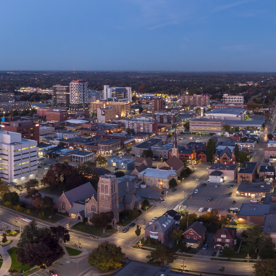 Night view of downtown Oshawa skyline 