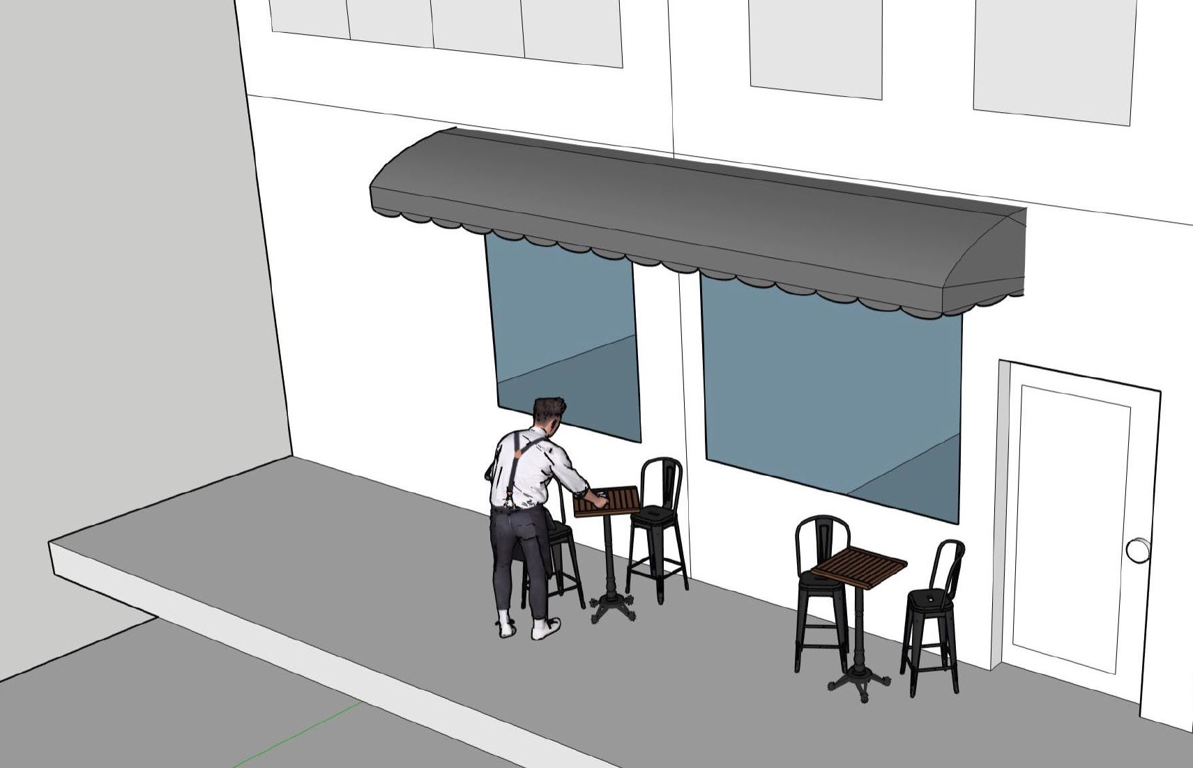 A small patio, with two bistro tables and two metal chairs at each and a server in a white shirt and suspenders serves the table. 