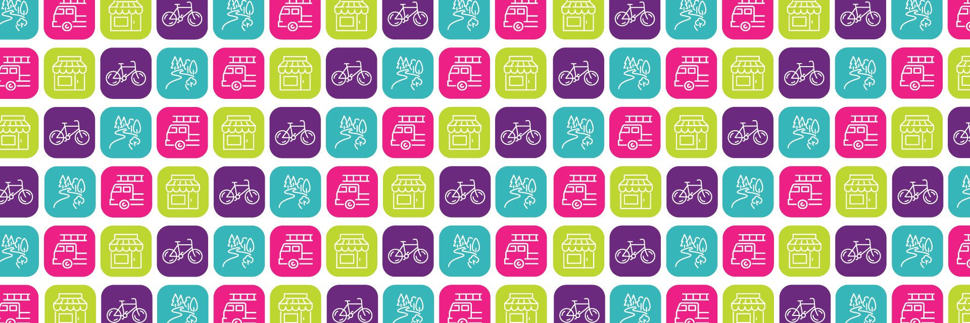 Repeating graphic featuring a winding trail surrounded by trees on a teal square, a fire truck on a pink square, a shop front on a green square and a bicycle on a purple square.