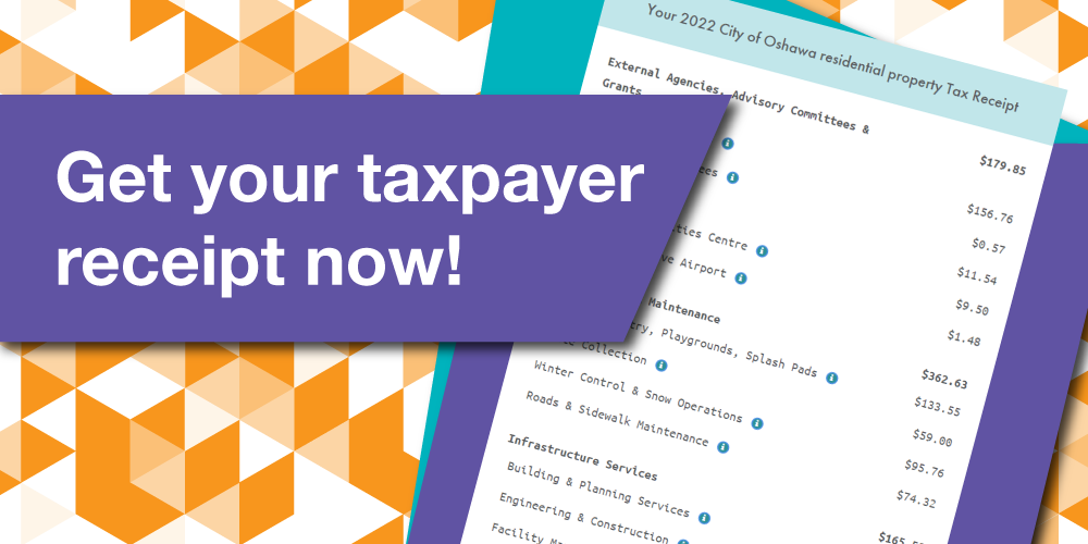 "Get your taxpayer receipt now!" on top of a screenshot of a personalized, estimated taxpayer receipt for the 2022 City Budget.