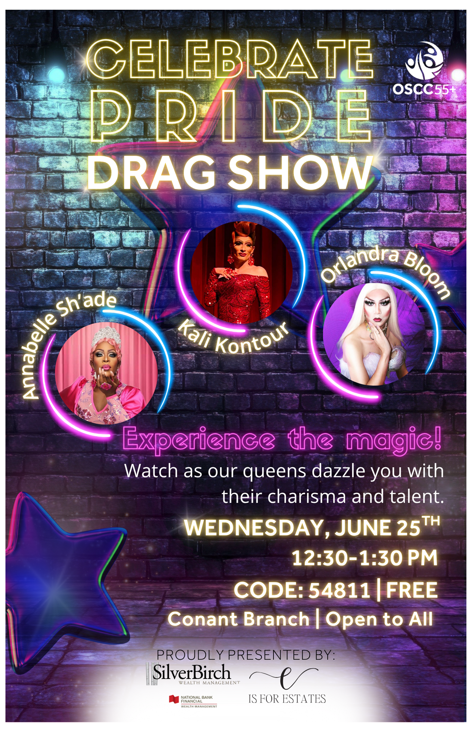 A poster featuring pictures of three performers at the Pride Drag Show and details about the event.