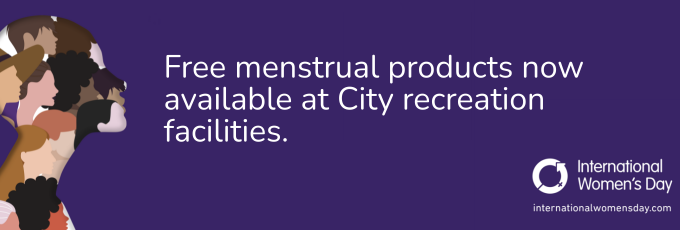 Silhouette of a person filled with illustrations of a diverse array of women sit on the left side of a purple background. Text reading "Free menstrual products now available at City recreation facilities" is in the centre of the image. 