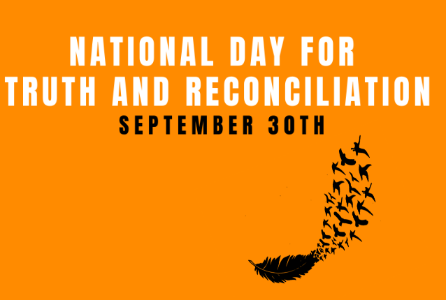 Image of an orange background with text in black reading, National Day for Truth and Reconciliation at the top centre. Below is white text reading September 30 and at the bottom centre is an image of a black feather that breaks apart into many birds 