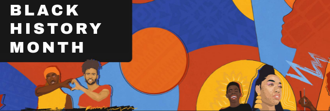 An abstract design in shades of blue, orange and yellow featuring illustrations of various Black figures. A black text box in the top left of the image contains text reading "Black History Month"