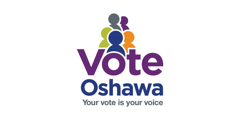 Five silhouettes of people, each a different colour above the words Vote Oshawa, Your Vote is your Voice.