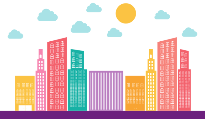 illustration of city skyline with clouds and sun