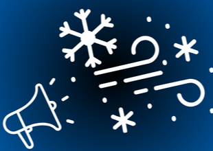 White icons of megaphone, snowflakes, blowing wind on dark blue backgound