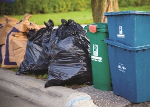 Recycle boxes, green bin, garbage bags and yard waste set at curb