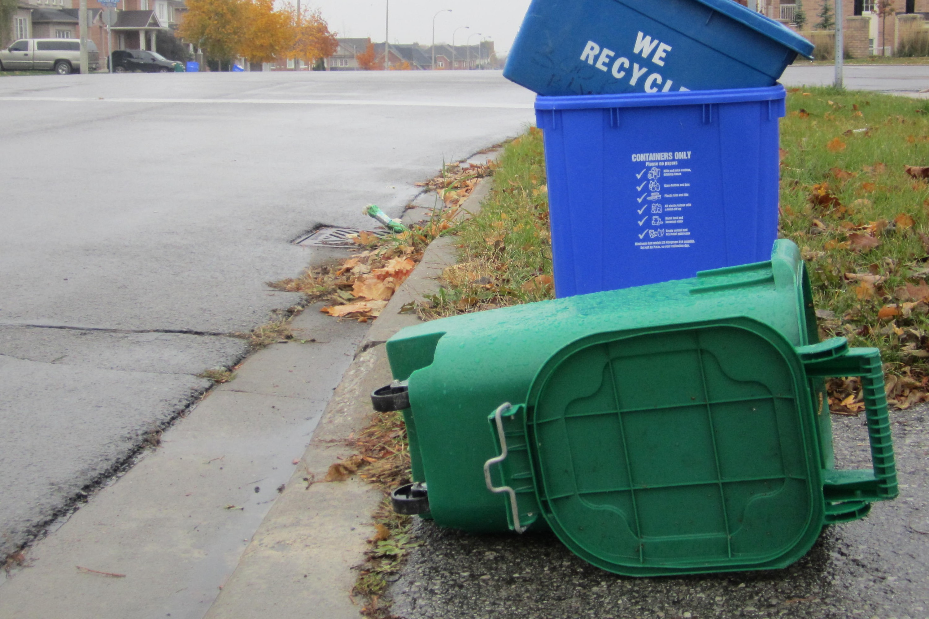 blue boxes and empty green bin after collection