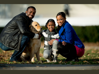 Family with a dog.