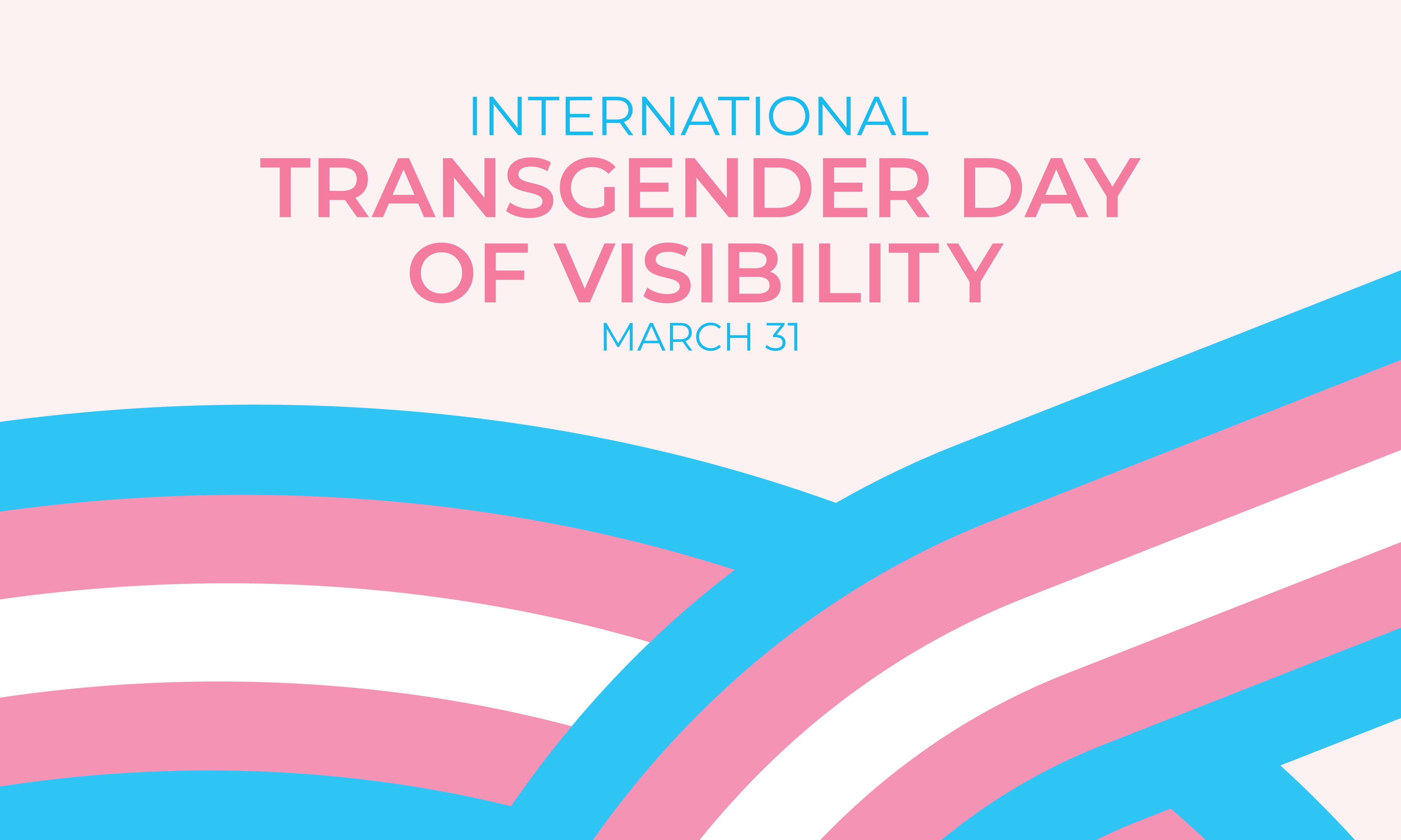 Text reading “International Transgender Day of Visibility – March 31” in the centre of a light pink background above stripes in the colours of the trans flag (blue, pink and white). 