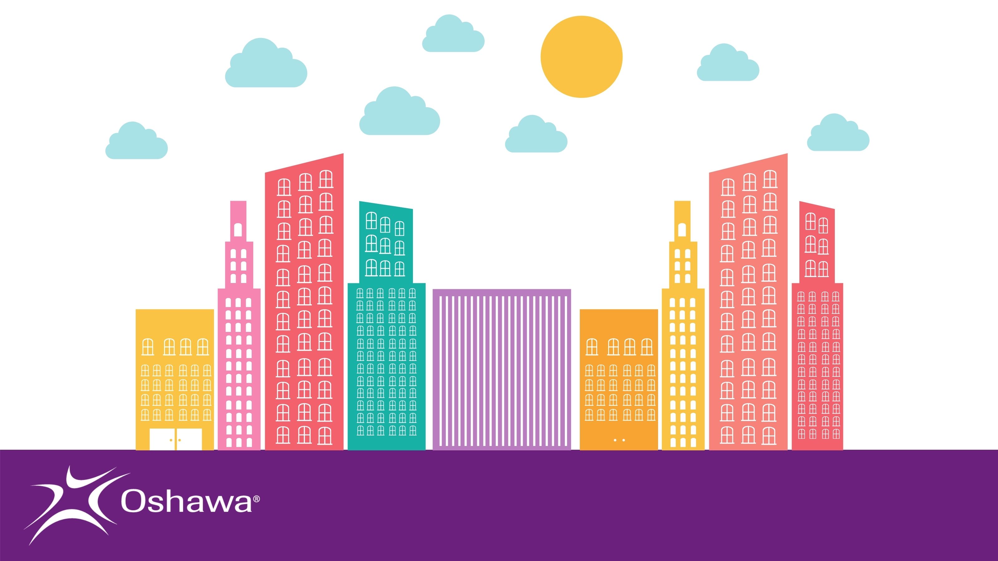 A graphic of a City skyline. The City of Oshawa logo appears in the bottom left.