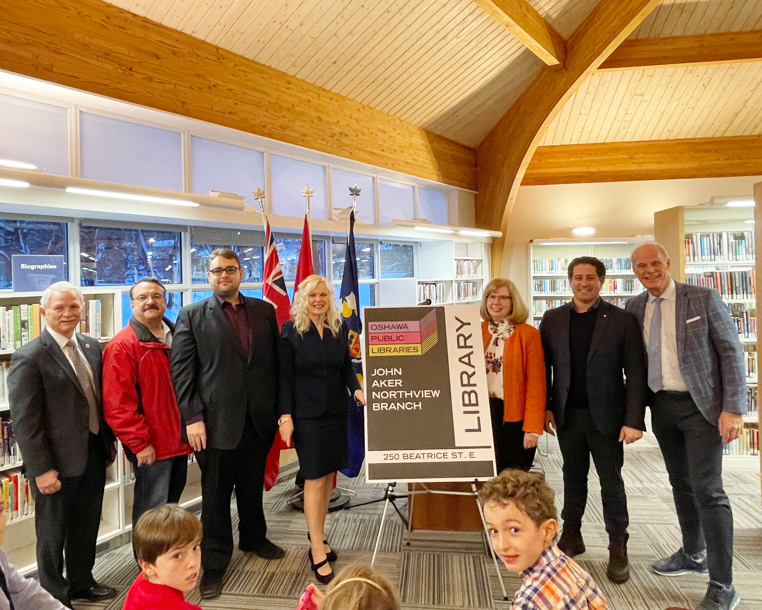 Members of Oshawa Council and representatives for the Oshawa Public Libraries were joined by family of the late Mr. John Aker to celebrate the official renaming of the Northview Library Branch to the John Aker Northview Branch.