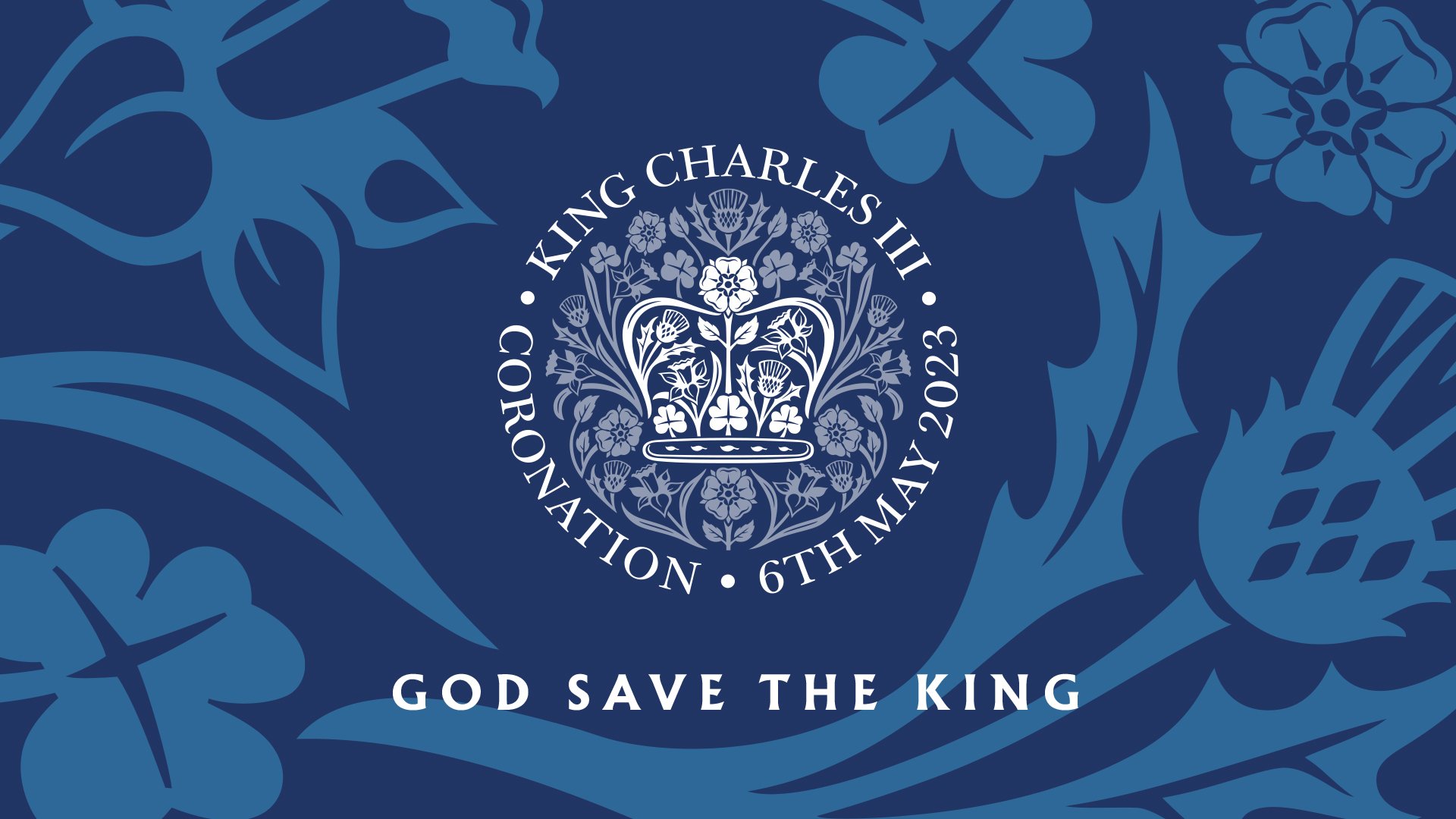 of the coronation crest with white text that reads King Charles III, Coronation, 6th May 2023m, God Save the King