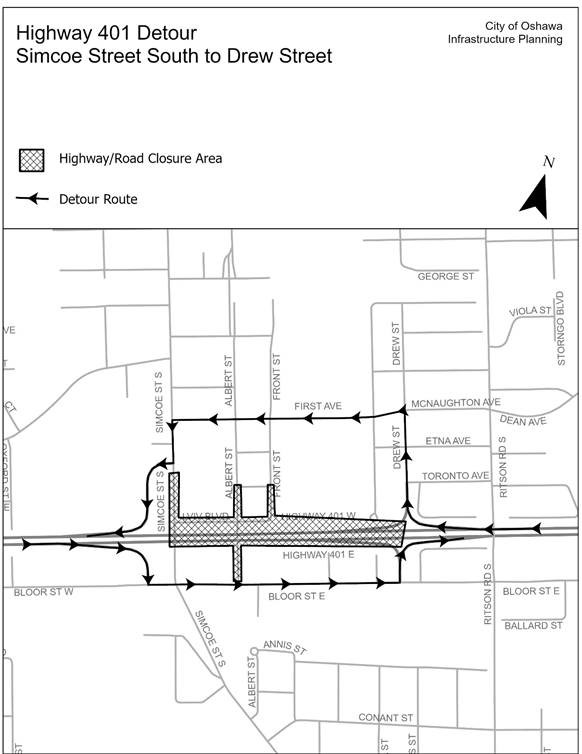 Map of 401 Detour Simoce St S to Drew St May 11 and 12