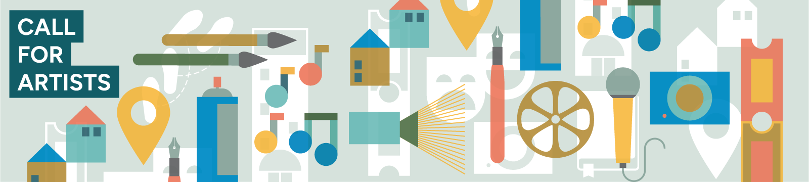 illustration of colourful paint brushes, film reels, microphone, camera, theater tickets, map pin, music notes, houses, film projector, masks