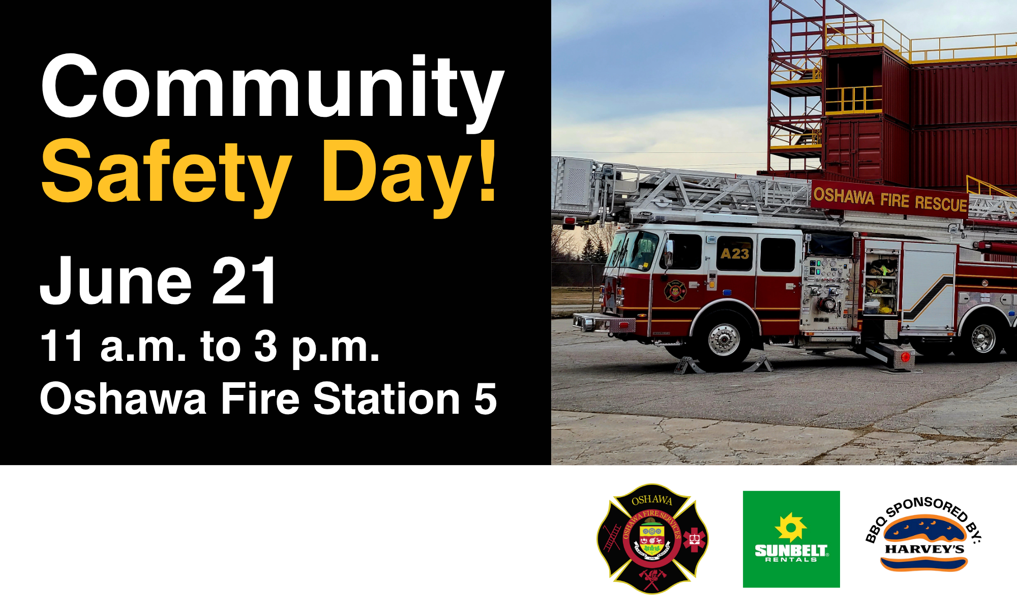 Oshawa Fire Services truck. Text: community safety day, June 21, 11 a.m. to 3 p.m.
