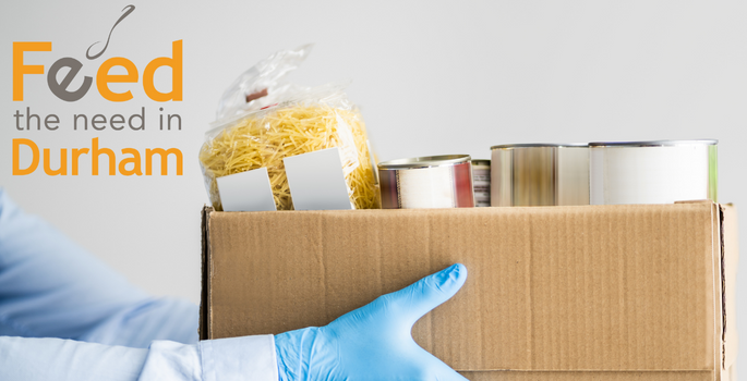 of hands carrying a donation box. The Feed the Need in Durham logo appears in the top left corner.