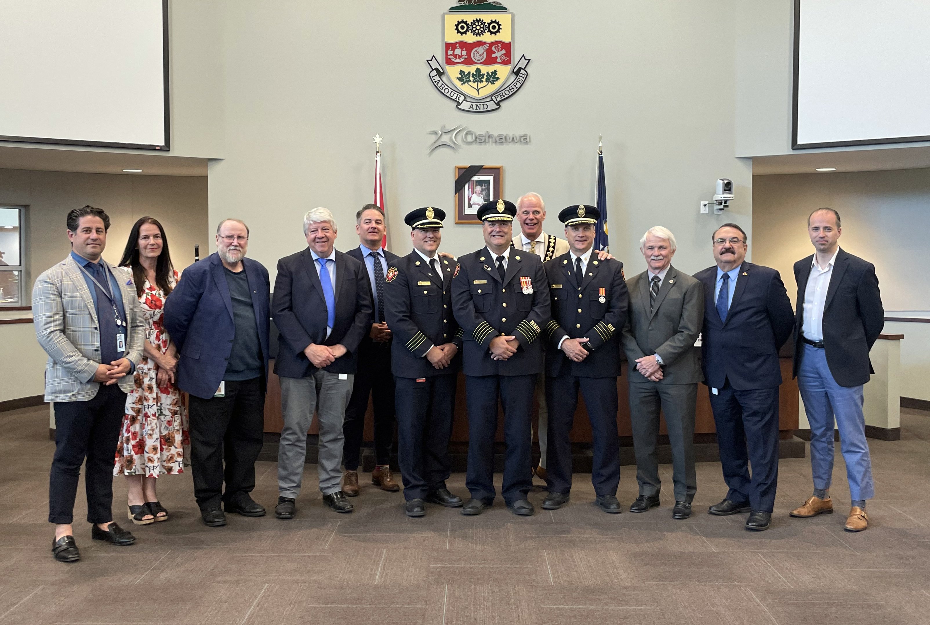 Group shot from left to right: Ward 2 Regional & City Councillor Tito-Dante Marimpietri, Ward 1 City Councillor Rosemary McConkey, Ward 5 Regional & City Councillor Brian Nicholson, Ward 5 City Councillor John Gray, Ward 3 City Councillor Bradley Marks, Deputy Fire Chief Stephen Barkwell, Fire Chief, Derrick Clark, Mayor Dan Carter, Deputy Fire Chief Todd Wood, Ward 2 City Councillor Jim Lee, Ward 3 Regional & City Councillor Bob Chapman and Ward 4 City Councillor Derek Giberson.