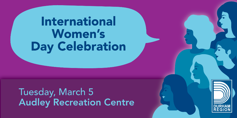 A group of women in front of a purple background. Text reads International Women’s Day Celebration, Tuesday, March 5 Audley Recreation Centre