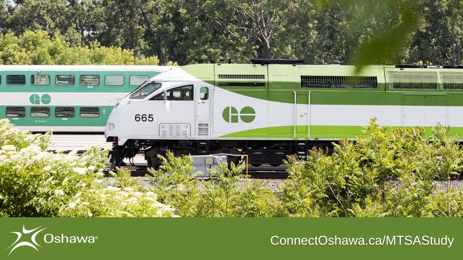 a GO train with the City logo with text that reads ConnectOshawa.ca/MTSAStudy