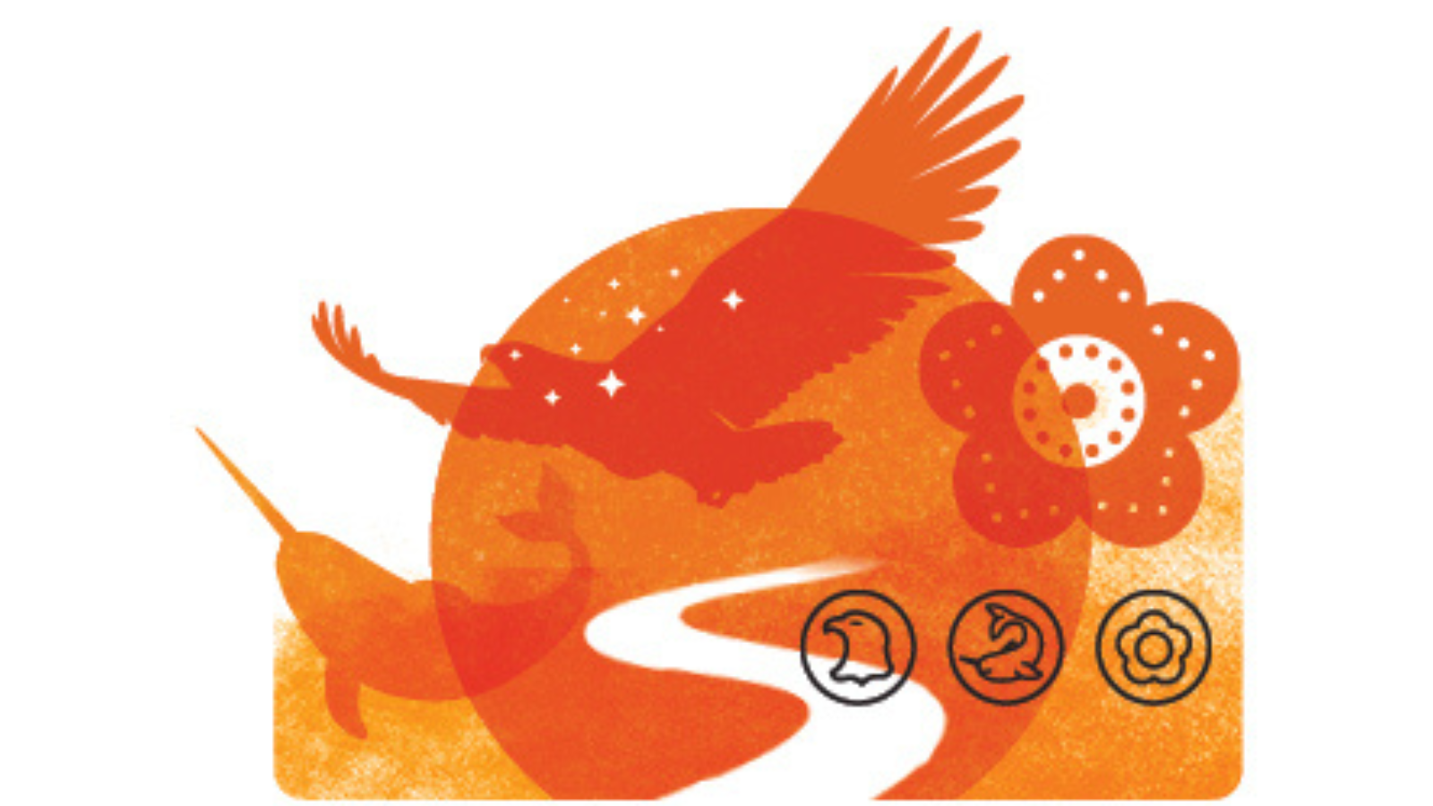 an illustration in orange of a whale, an eagle and a flower