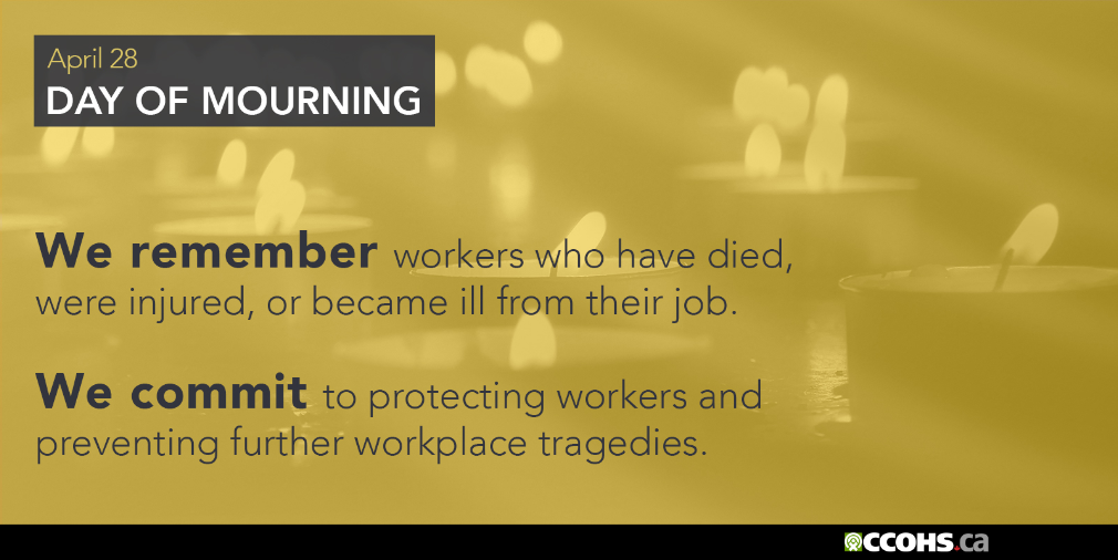 of candles with text that reads "April 28 Day of Mourning. We remember workers who have died, were injured, or became ill from their job. We commit to protecting workers and preventing further workplace tragedies. The CCOHS website is below