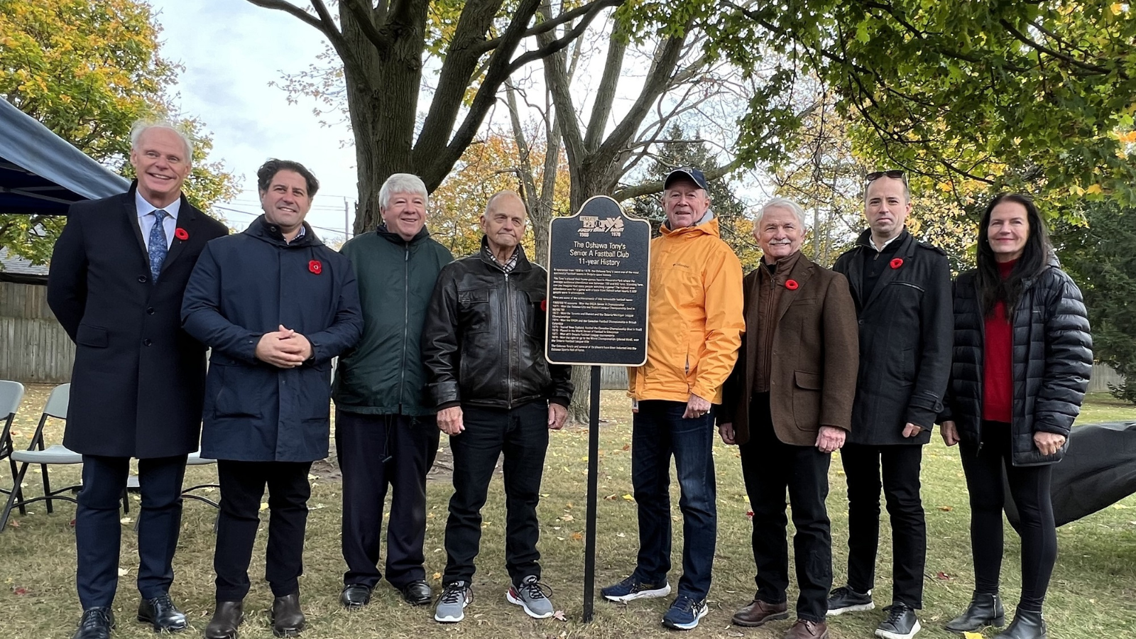 Oshawa Tony's Fastball Team was honoured with a commemorative plaque at Alexandra Park. Members of Council & Bob Solomon stand with plaque after unveiling ceremony