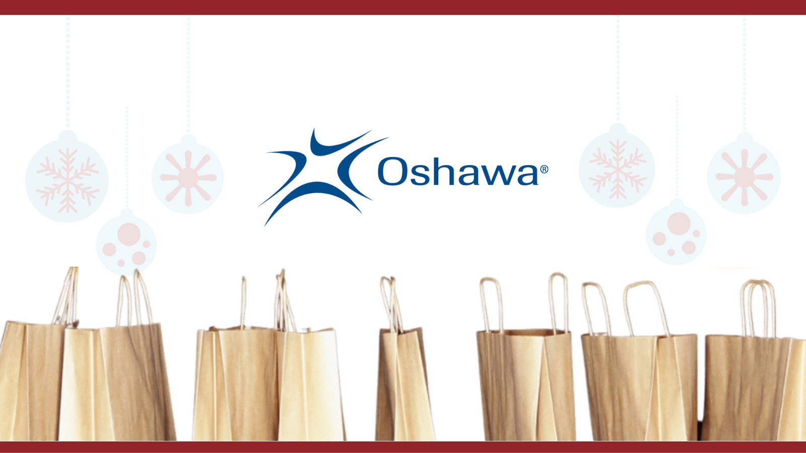 holiday shopping bags with ornaments above and the City of Oshawa logo 