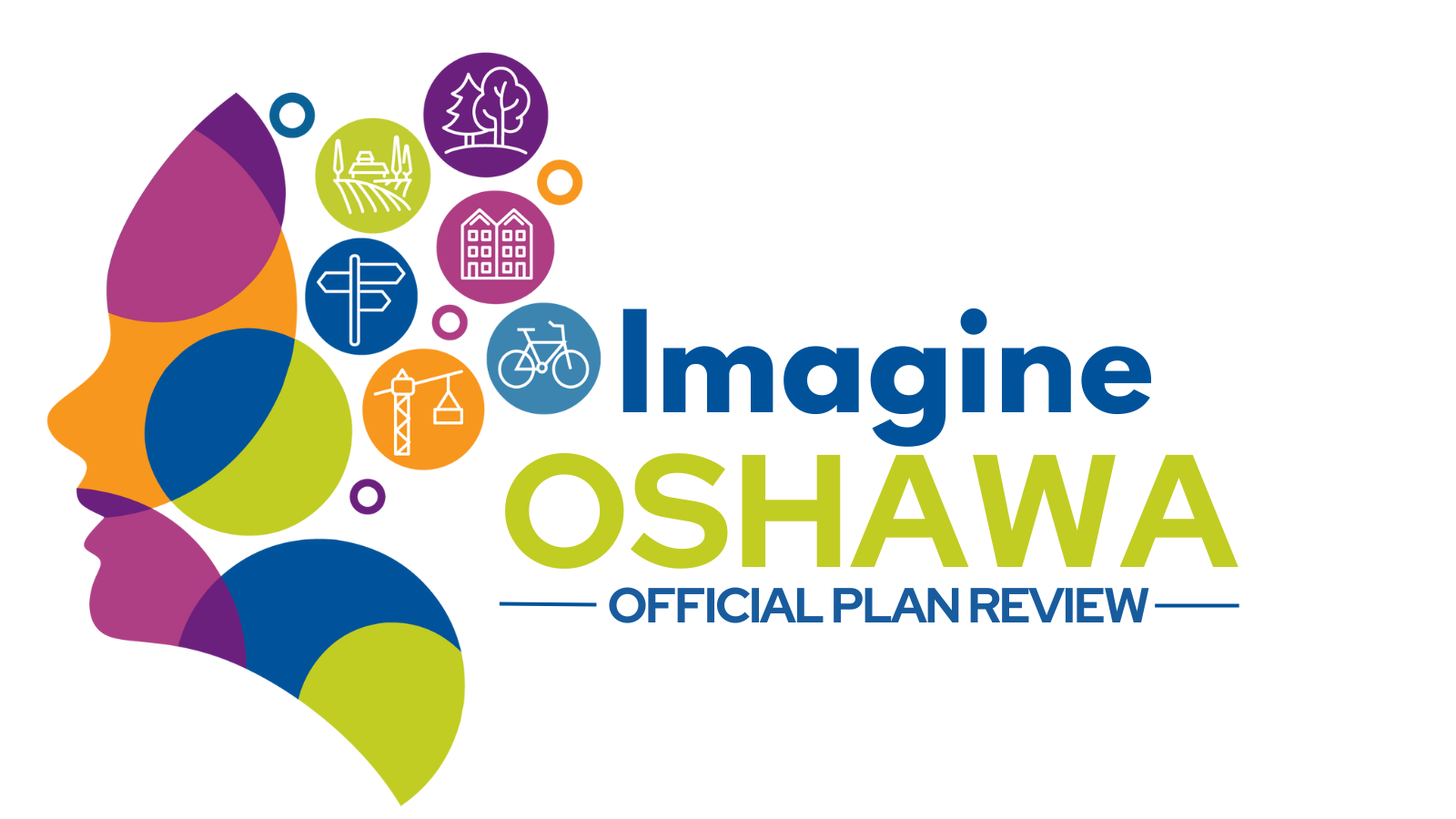 a graphic of a person with multi-coloured images and text that reads "Imagine Oshawa, Official Plan Review"