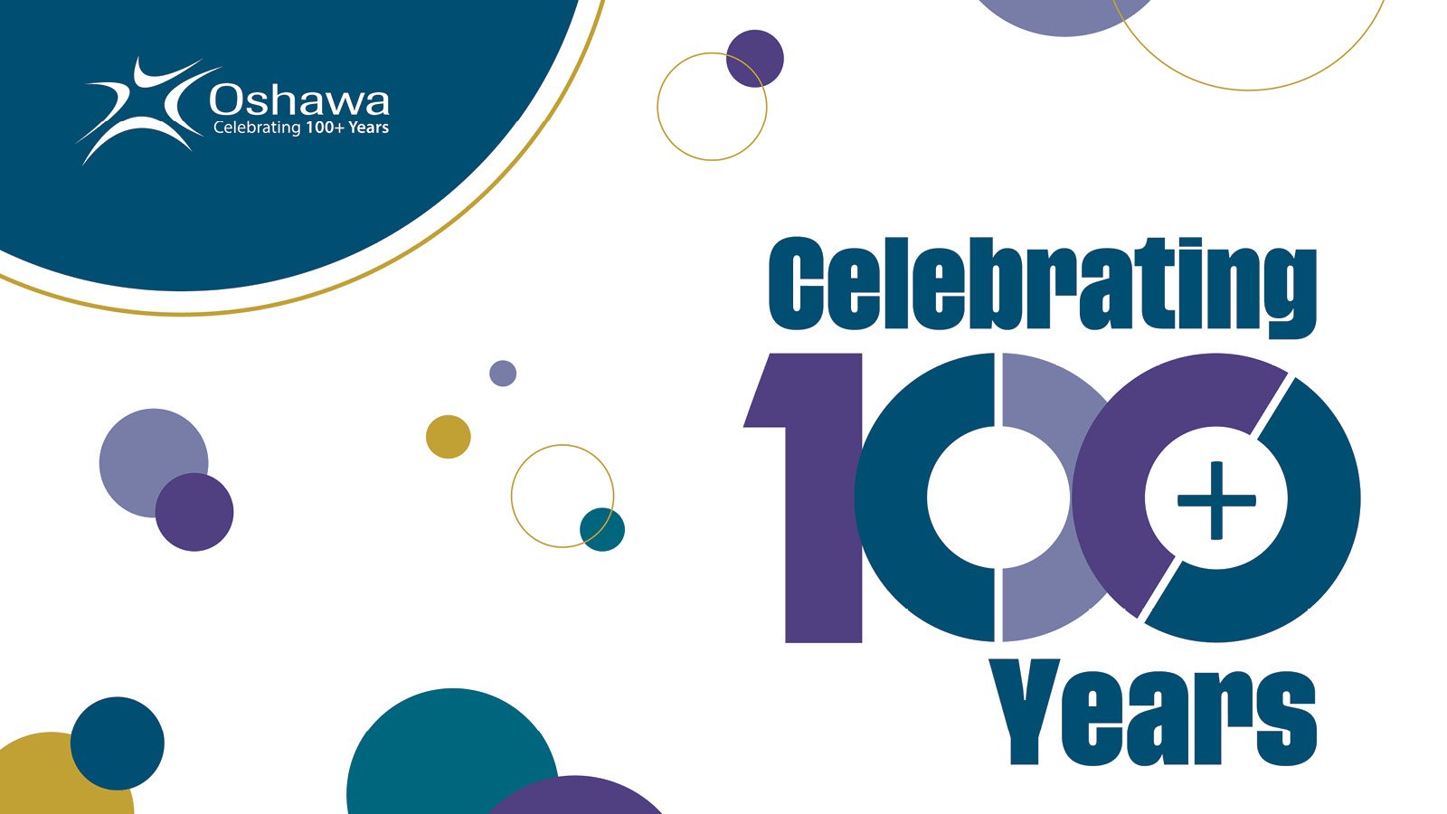 City of Oshawa logo and text Celebrating 100+ Year on white background with circles and dots of purple, teal and gold