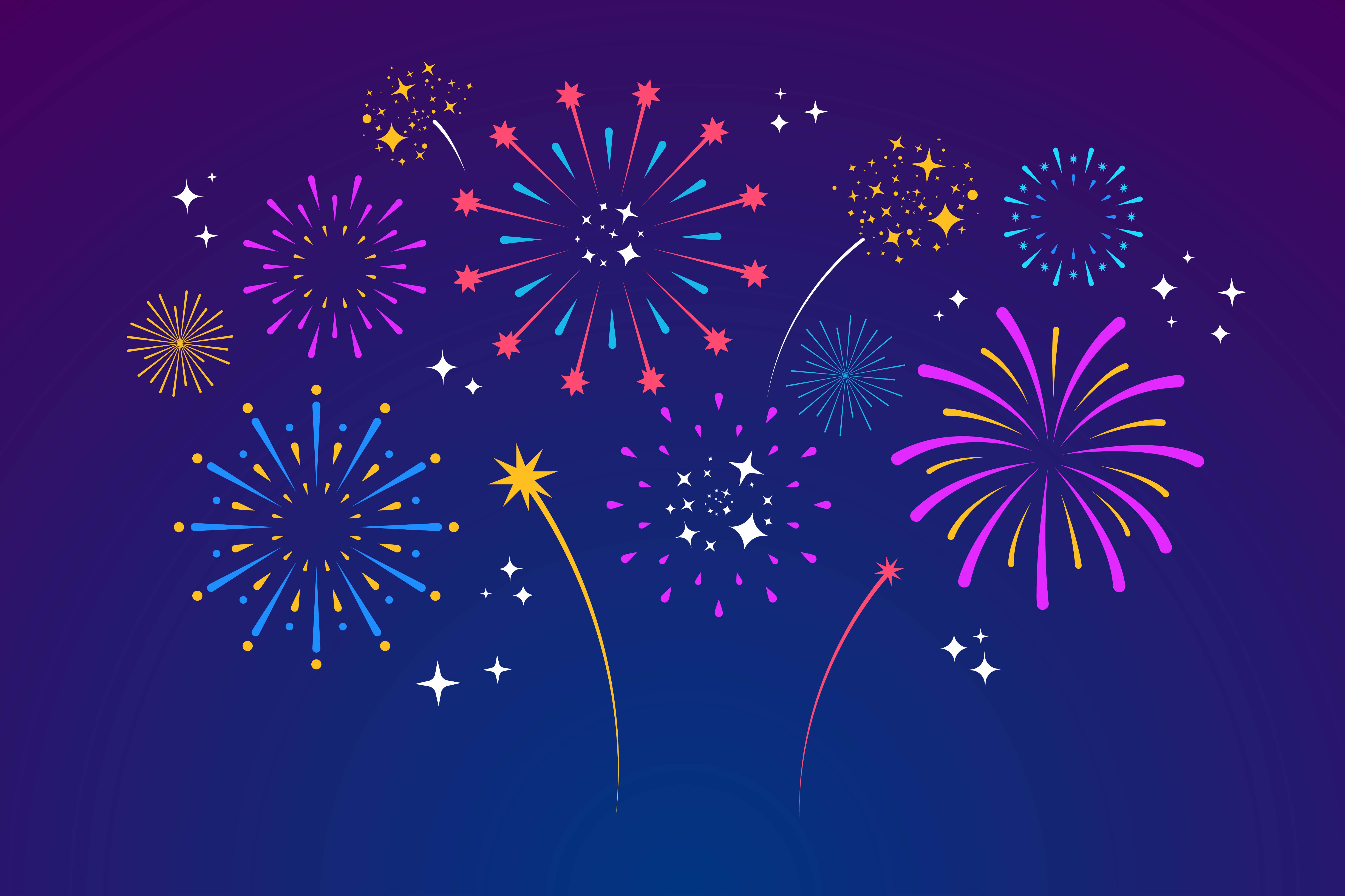 graphic of colourful fireworks against a purple sky