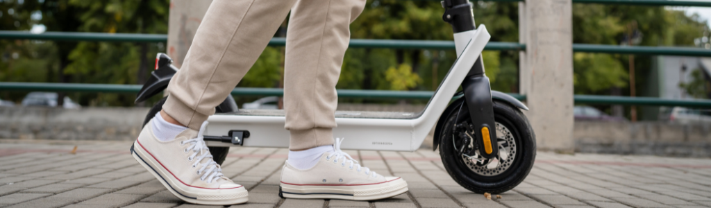 a person walking an e-scooter