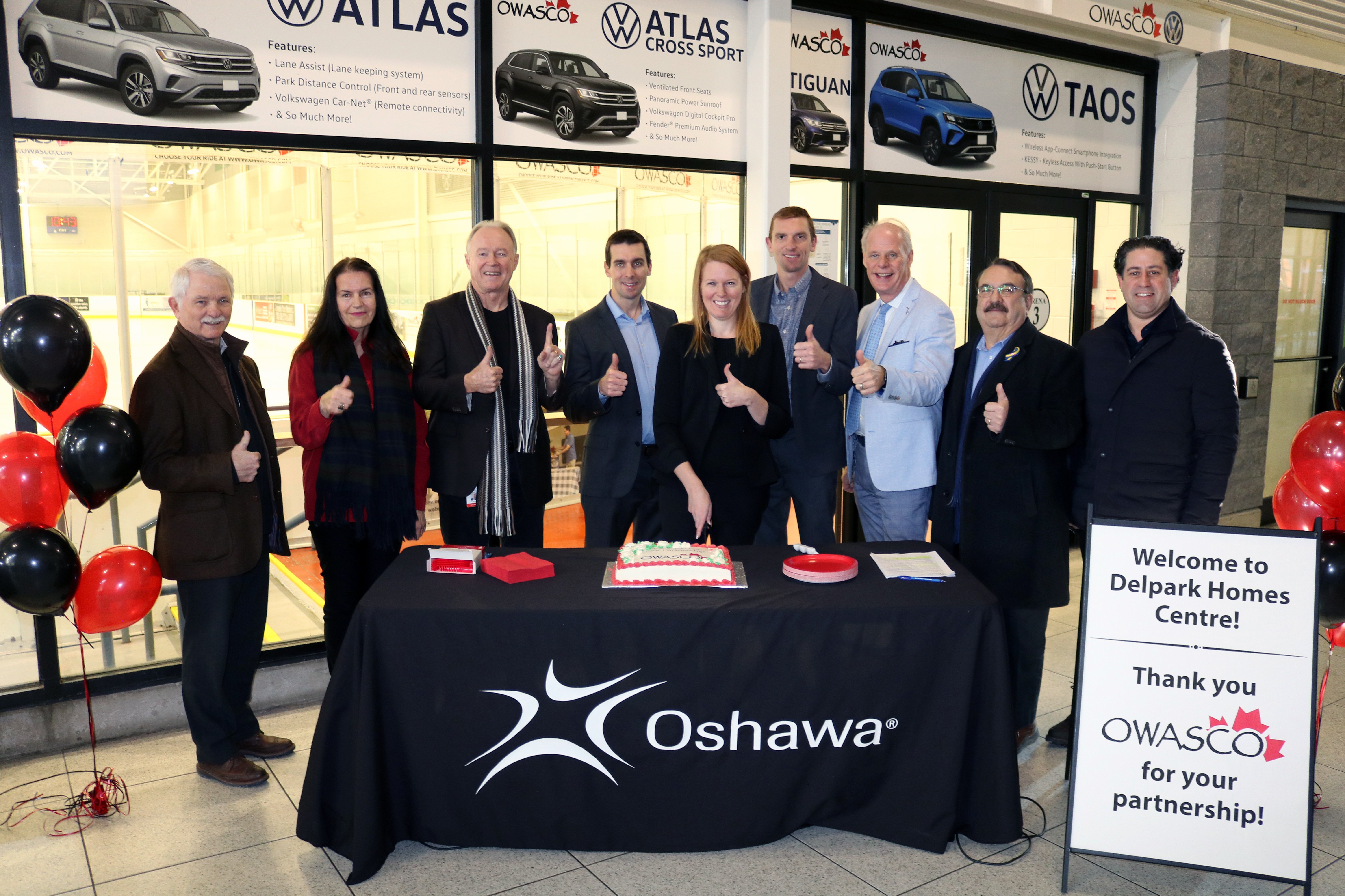 Members of Oshawa Council join representatives from Owasco in celebrating the extension of their naming rights sponsorship of Arena 3 at the City’s Delpark Homes Centre recreation facility for another five years.