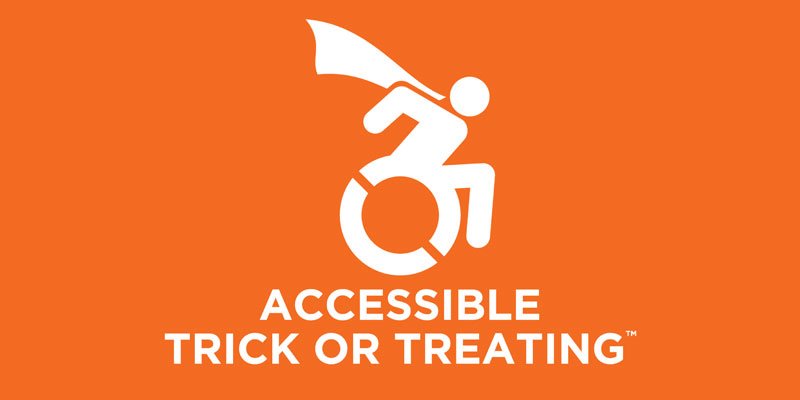 White wheelchair superhero on orange background. White text underneath reads Accessible Trick or Treating