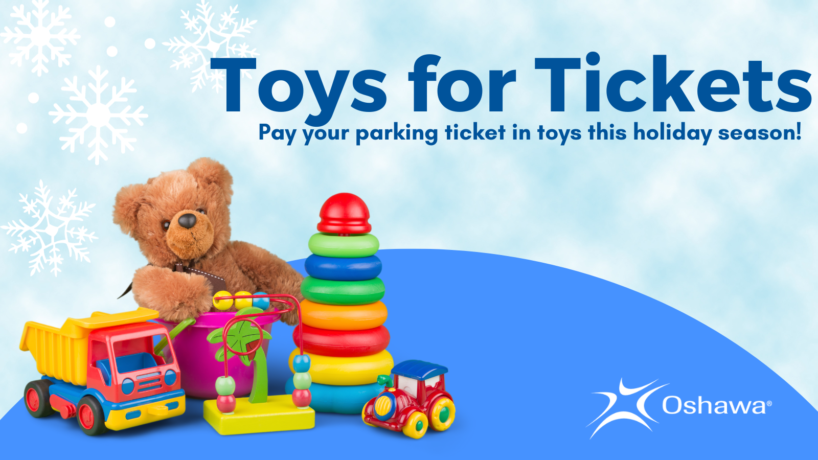 Teddy bear and toys. Text reads Toys for Tickets