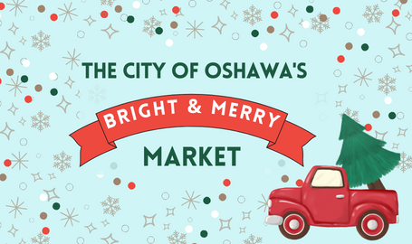 bright and merry logo, cartoon red truck with pine tree with festive stars and snowflakes.