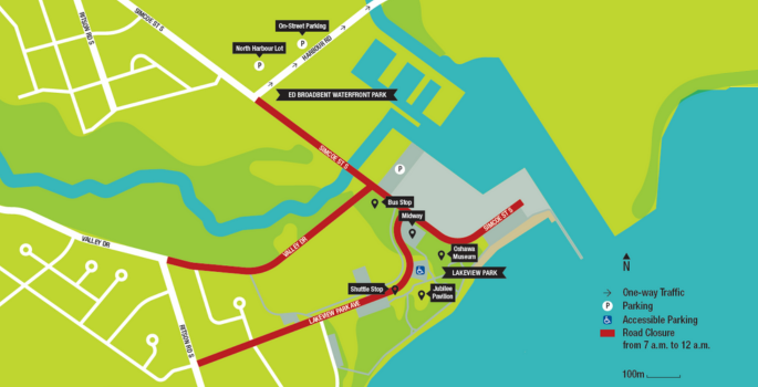 Colourful map with layout of Lakeview Park streets, street names and highlighted road closures.