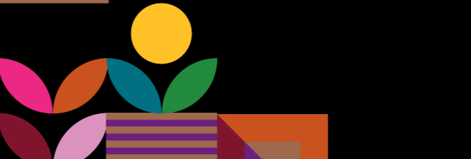 Colourful graphic icon of a flower and squares on a black background.