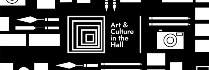 A black background with white icons depicting pencils, paint brushes, frames, a camera and the text "Art & Culture in the Hall"