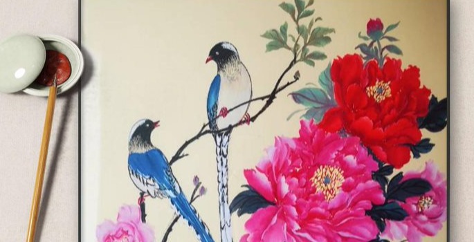 Painting of a red and a pink peony with two blue birds on a branch by Ting Chen