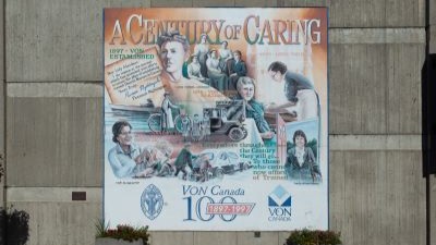 The mural depicts the history of the Victorian Order of the Nurses with a collage of images of nurses.
